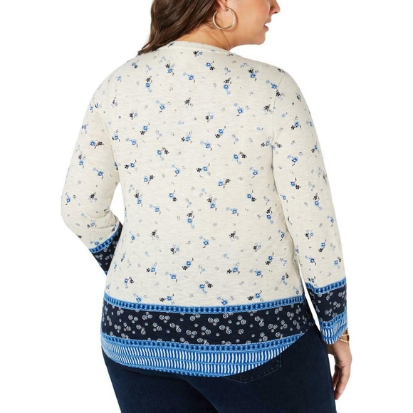 Style & Co Womens Plus Size Printed Y-Neck Roll-Tab Sleeve Tunic Top Blue - Picture 2 of 6